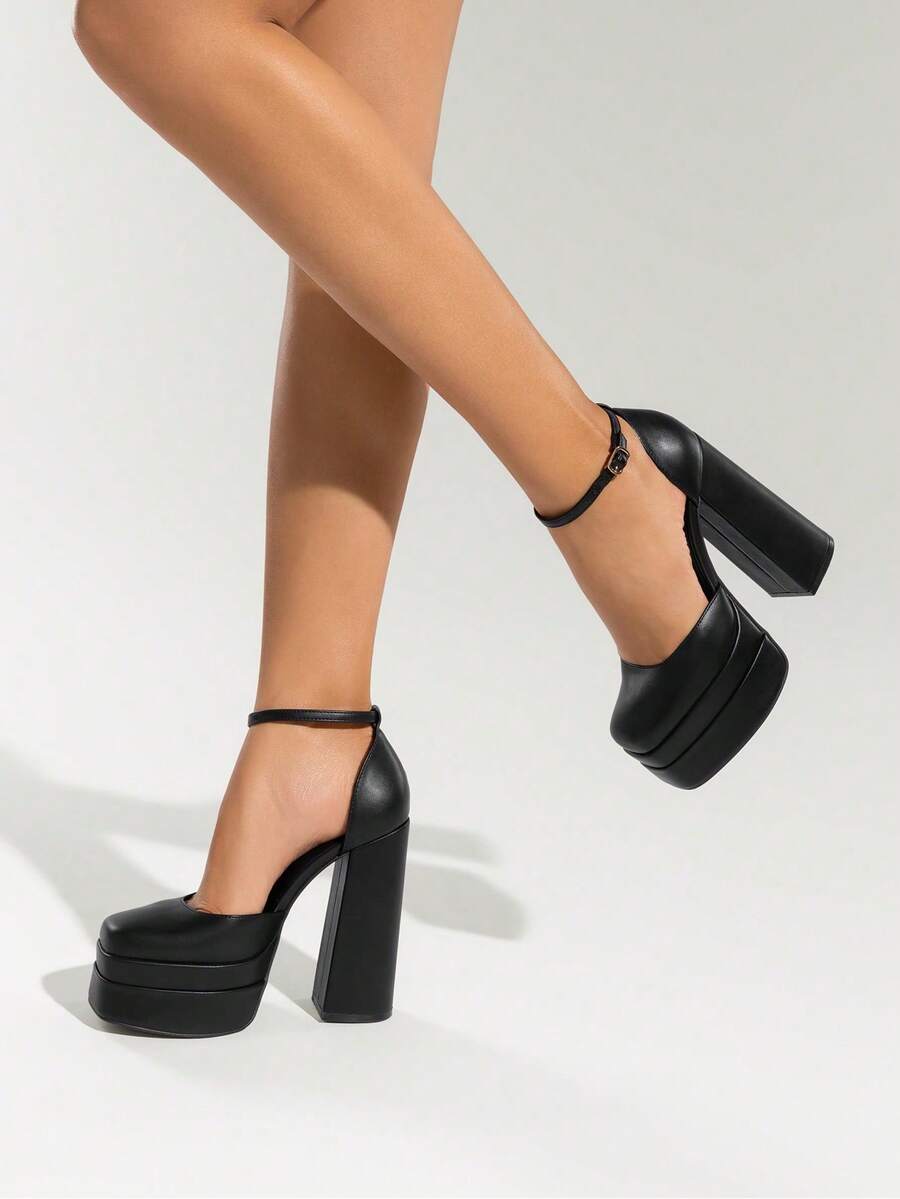 Women's Square Toe Block Heel Chunky Platform Wedding Shoes, Adjustable Ankle Strap Pumps For Prom