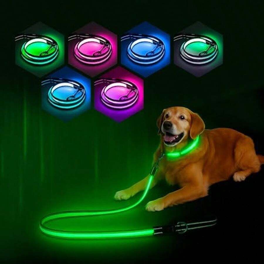 Correa de perro con luz para 7 modos de iluminación LED reflectante para perro, correa recargable de 4 pies, para caminar por la noche, azul, verde, rosa (multicolor) - Varios colores - Ver 1