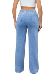 THUNDER Womens High Waisted Wide Leg Jeans Stretchy Distressed Pants - 2# Light Blue - View 5