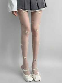 1PC Stockings Cut-To-Fit Anti-Snag Bling Diamond Pantyhose, Bow Retro Girl Style, Ultra-Thin Pure Desire Sweet Black Silk, Anti-Snag Slimming Versatile For Daily Wear Women's Socks - 米色 - 查看 3