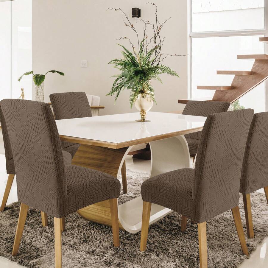 CYCMACO Chair Covers With Backrest 4/6 Pieces, Stretch Chair Cover, Universal Chair Covers For Dining Room Kitchen, Washable Removable, Easy To Clean And Durable - 棕色 - 查看 1