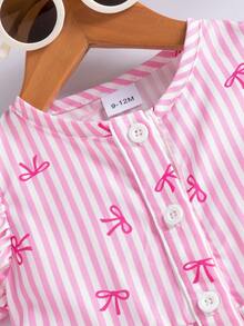 女婴夏季度假学院风粉白条纹蝴蝶结印花短袖连衣裙 - 粉色 - 查看 3