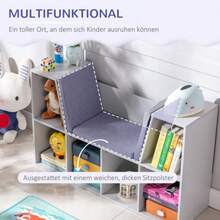 Children's Bookcase With Stool, Children's Bench With 6 Compartments, Storage Chest With 3 Cushions, Toy Chest, Ages 3 And Up, Grey, 103 X 30 X 62 Cm - Grey - View 5