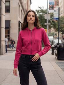 DEVIT - Sudadera con Capucha Crop Recortada de Mujer, Cremallera Frontal Completa y Cordones, Manga Larga, Casual, Moda Deportiva, Ajuste Holgado, Invierno, Otoño, Colores Negro, Oxford, Camel, Fiusha, Verde Militar y Lila. - Rosa Fucsia - Ver 4