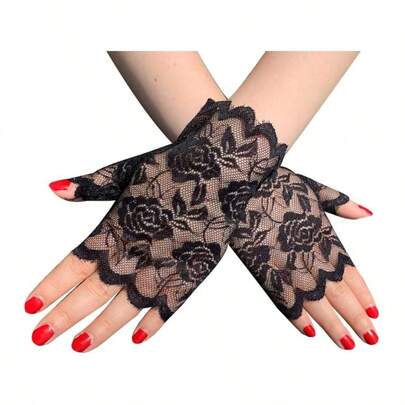 - Guantes de encaje floral para mujer, sin dedos, para conducir, boda, novia, medio dedo, para mujer