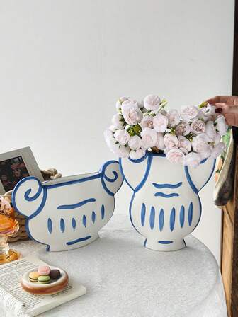 1件复古条纹陶瓷花瓶装饰，手绘希腊美学爱奥尼柱形图案，客厅手绘美学花瓶，门厅桌面装饰，水培植物，节日礼物送给家人和朋友