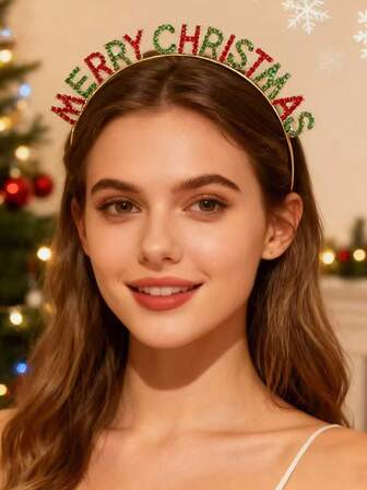 1pc Elegant Merry Christmas Letter Rhinestone Metal Headband, Luxurious Christmas Party Casual Headband