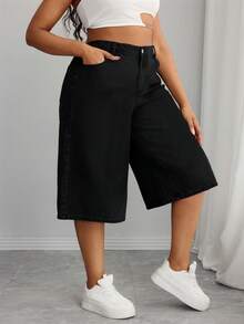 Pantaloncini di jeans bermuda da donna con vita elastica nera, design con cuciture a contrasto snellenti, stile vintage, adatti per l'abbigliamento casual in estate e autunno - nero - Visualizzare 4