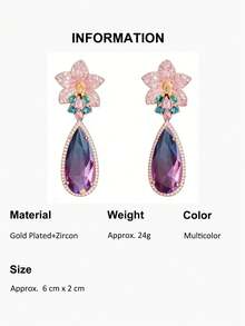 一对精美粉色花朵立方氧化锆彩虹水滴形锆石水晶吊坠耳环，镀金新娘首饰，适合女性，婚礼，订婚，派对，舞会 - 彩色 - 查看 13