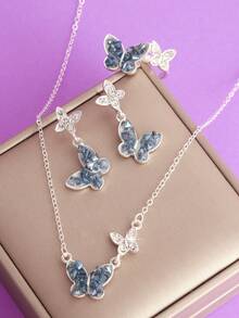 1 Set Elegante, Suave y Soñador Conjunto de Joyería con Colgante, Anillo y Aretes con Cristales en Forma de Mariposa para Mujeres - Multicolor1 - Ver 1