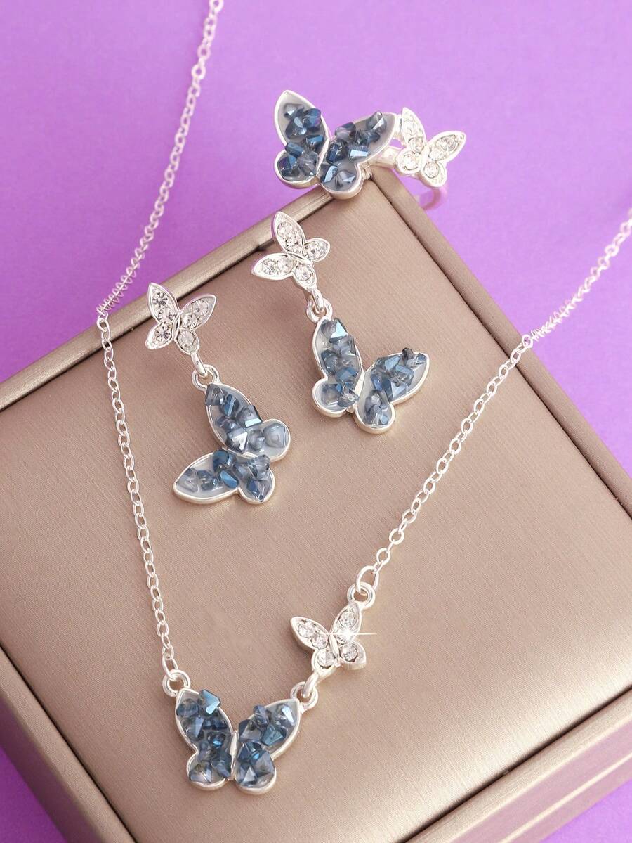 1 Set Elegante, Suave y Soñador Conjunto de Joyería con Colgante, Anillo y Aretes con Cristales en Forma de Mariposa para Mujeres - Multicolor1 - Ver 1