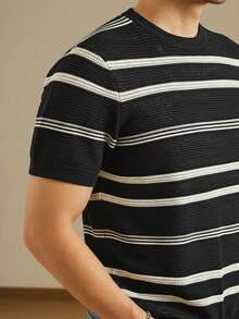 男士条纹圆领短袖休闲针织上衣 - 黑色 - 查看 5