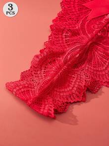 3pcs/Pack Plus Size Women Lace Thong Panties With Bow, Sexy Transparent Elastic Comfortable Underwear, Black & Red Thong With Bowknot - Multicolor - View 5