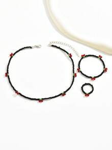 3件套 时尚可爱樱桃串珠项链、手链、戒指首饰套装，女士礼物，节日、情人节礼物