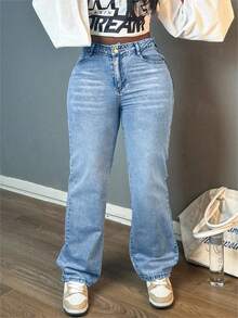 Women Casual Straight-Leg Jeans, Fashion Simple Style, Button, Zipper, Solid Color Denim Pants,Suitable For All Occasions - 淺藍色 - 查看 2