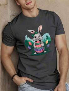[Traje del Festival] camiseta Casual con patrón de conejito de Pascua para hombres-Manga corta, cuello redondo, fibra de poliéster, lavable a máquina, Top de verano, diseño de huevo y conejo, disfraz Festival |   Camiseta patrón juguetón |   Textura suave - Azul Marino - Ver 4