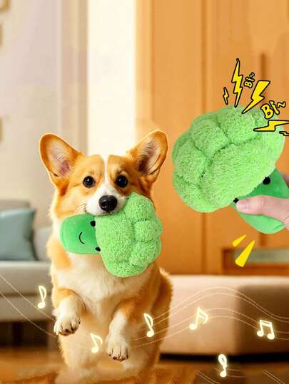 1个带声音的毛绒西兰花狗狗玩具，可缓解宠物无聊，适合柯基等大型犬作为磨牙玩具