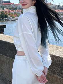 Women's New Casual Sports Stand Collar Long Sleeve Short Elastic Waist Zip-Up Jacket, Suitable For Outdoor Activities - White - View 3