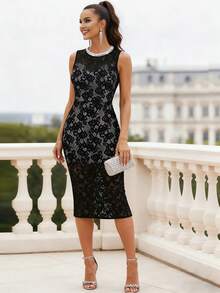 Black Lace Sleeveless Bodycon Cocktail Dress - Black - View 1