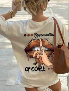 夏季新款简约时尚INS吸睛美式咖啡手势印花休闲圆领短袖T恤，时尚百搭女式上衣 - 杏色 - 查看 10