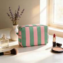 1pc Large Capacity Green & Pink Striped Cosmetic Bag, Portable Travel & Business Toiletry Organizer Bag With Smooth Zipper, Made Of Corduroy, Suitable For Personal Use Or As Holiday & Birthday Gift Makeup Bag Make Up Organizer Toiletry Bag Makeup Storage Makeup Pouch Wash Bag Toiletry Travel Bag Vacation Essentials For Travel Gifts For Women - Multicolor - View 6