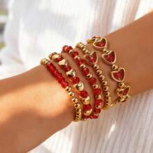 Pulseras coloridas de San Valentín para mujeres y niñas, pulseras de cuentas de corazón lindas y modernas, accesorios de joyería con personalidad, decoración de primavera y otoño, regalos de San Valentín, clásicos y elegantes,  de , alta tasa de recompra. - Rojo - Ver 3