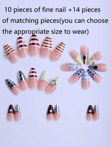 24片中长款杏仁形美甲贴纸，Y2K前卫风格，饰以黑色波点、彩虹粉黄撞色、蓝紫色条纹，法式美甲设计，搭配金属五角星、白色水钻、个性化银色装饰和钢珠。甜美时尚，是约会、派对和音乐会的完美之选。便携式假指甲套装包含1瓶果冻胶和1把指甲锉。美甲用品 - 彩色 - 查看 4