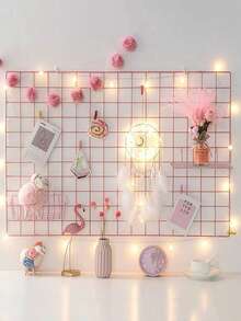 1pc/2pcs - Grid Wall Decor Panel, Metal Wire Mesh Photo Wall, Wall Mounted Shelves, Suitable For Room, Dorm And Office Display Board, Home Decor, Room Decor, Wall Decor Gift, Birthday Graduation Gift, Grid Photo Wall, Metal Wire Mesh Wall Decor Panel For Photo Display, Photo Collage Board, Metal Wire Wall Panel Room Decor, DIY Iron Photo Collage, Foldable Multi-Photo Storage Rack - Pink - View 2