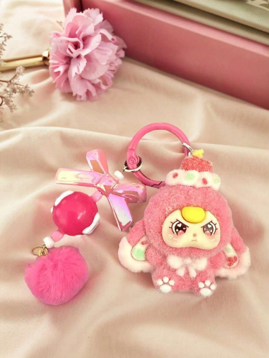 2pcs New Adult Unisex Big Ear Solid Plastic Keychain Key Ring Fashionable Cute Cartoon Accessory - Multicolor - View 1