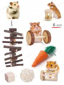 6pcs Hamster Toy Ball Set, Pet Rabbit Guinea Pig Play And Chew Supplies, Hamster Set, Hamster Chew Stick, Round Wooden Chew Toy, Suitable For Rabbits And Hamsters, Chewing And Claw Care, Pet Accessories, Hamster And Rabbit Chew Toys, Natural Wooden Toys, Wooden Chew Toy With Bell, Suitable For Parrots, Rabbits, Guinea Pigs, Hamsters, Small Animal Toys, Pet Supplies - Multicolor - View 7