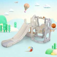 Children's Slide Set With Swing, 5 In 1 Children's Slide, Slide, Climbing Frame, Storage Space, Swing, Basketball Hoop, Swing Slide For Indoor Use - Grey - View 3