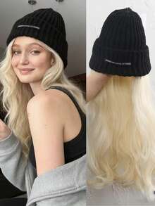 26-Inch Black Knit Hat + Detachable Synthetic Fiber Wig, Golden High-Temperature Synthetic Fiber Big Curly Hair, Suitable For Daily Wear - Gold - View 13