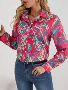 Damen Hemd mit hellem Paisley-Muster, Kragen, Langarm, Knopfleiste, reguläre Länge, Webstoff - Rot - Übersicht 6