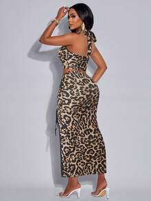 AIJ Bộ đồ hai mảnh Amarilo dành cho nữ, kiểu dáng thanh lịch, in họa tiết nhiệt đới, xếp ly, khoét lỗ, cài khuy kim loại, thiết kế độc đáo, không tay, hở lưng, gồm áo hai dây và chân váy xẻ cao có dây rút (Họa tiết định vị) mùa hè. - Nâu báo - Xem 2