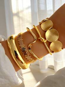 5 Peças/Conjunto Pulseira Vintage Elegante com Elementos Metálicos, Moeda Boêmia, Pérola Falsa, Geometria Assimétrica, Onda, Nó, Disco Redondo, Flor, Conjunto de Pulseiras, Joia Personalizada Exagerada Multipartida Empilhável, Adequada para Mulheres, Homens, Festa, Encontro, Uso Diário, Acessório Versátil - Multicolorido - Visão 11
