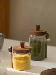 1pc Coffee Bean Storage Jar, Glass Jar With Wooden Lid, Moisture-Proof Spice Jar, Kitchen Dry Goods Storage Container - Multicolor - View 6