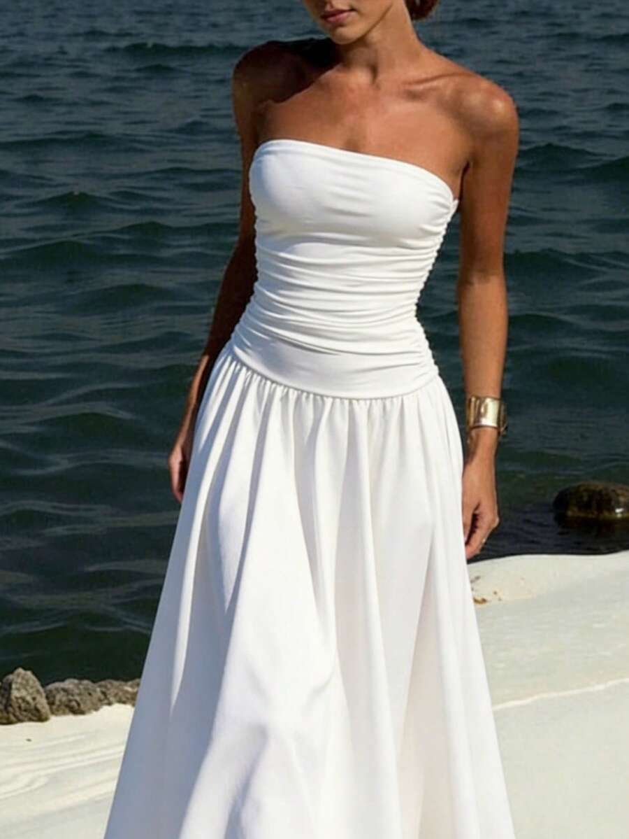 Đầm phù dâu cúp ngực ôm sát, đầm maxi chữ A thanh lịch, đầm dự tiệc tối, đầm tốt nghiệp, phù hợp cho đám cưới, mùa xuân/hè, phong cách bohemian, lễ hội âm nhạc, tựu trường, mùa cưới. - Trắng Lớn - Xem 1