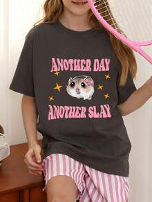 1 chiếc áo thun tay ngắn in họa tiết dễ thương dành cho bé gái tuổi teen, áo thoải mái dành cho học sinh nhỏ tuổi - Màu xám đen - Xem 2