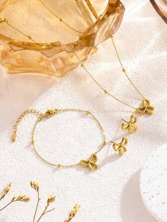 VceTd 1 ชุดกลวง Bowknot สแตนเลสจี้สร้อยคอ/สร้อยข้อมือ/ต่างหูชุดเครื่องประดับ, เหมาะสำหรับผู้หญิงที่จะสวมใส่ในงานแต่งงานหรืองานหมั้น