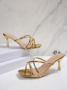 新款大码女式舒适简约交叉绑带露趾方头真皮高跟凉鞋，百搭休闲时尚户外沙滩夏季鞋 - 金色 - 查看 7