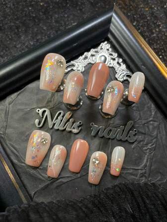 10pcs Short Coffin Acrylic Nail Set, Coral Pink, Coral Pink Tie-Dye, 3D Colorful Diamond Nail Decor, Hand-Painted Geometric Pattern, Y2K Style Wearable Nail Set, Suitable For Women And Girls On Holidays, Daily, Gatherings, Parties, Includes 1 Mini Nail File And 1 Double-Sided Adhesive Label