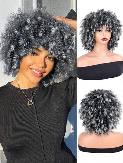 10英寸短款蓬松卷刘海合成纤维假发，自然黑色蓬松全头假发，替换假发，适合日常佩戴和角色扮演派对