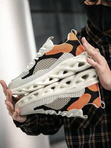 Men's Breathable Mesh Athletic Shoes, Soft-Soled Cushioned Platform Casual Shoes, All-Season Versatile Chunky Sneakers With Openwork Design Men's Breathable Mesh Athletic Shoes, Soft-Soled Cushioned Platform Casual Shoes, Versatile Height-Increasing Chunky Sneakers For Autumn And Winter - 米色 - 查看 5