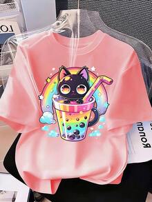 Tween Girls Casual Cartoon Print Short Sleeve T-Shirt, Summer - Pink - View 3