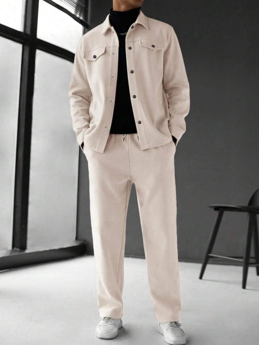 Men's Long-Sleeved Jacket And Trousers Set, In A Solid Color, For Autumn/Winter. - 杏色 - 查看 1