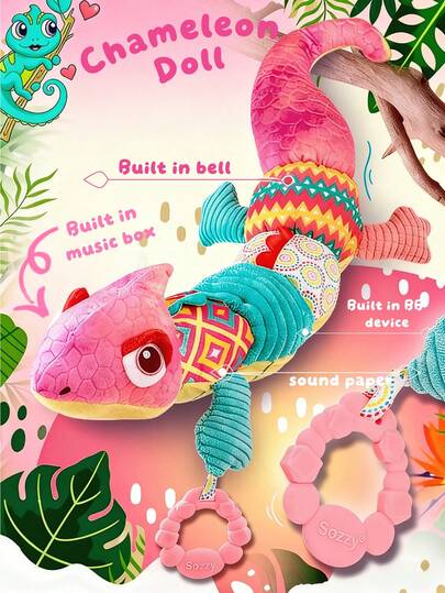 1 Baby Toy Cartoon Animal Plush Music Filling Toy, Chameleon Height Measurement Newborn Baby Soothing Plush Toy, Suitable For Newborn Baby Gifts
