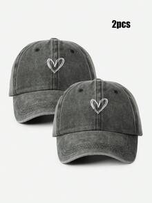 2pcs Embroidered Heart Washed Baseball Cap, Adjustable Couple Hats, Suitable For Spring/Autumn Travel, Beach, Casual Wear, Y2K Style Unisex Sun Hat - Baseball Cap - View 18