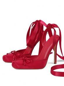 Women's Satin Ballet Stiletto High Heel Pumps Square Toe Elegant Bow Mary Jane Shoes Lace Up Lolita Cosplay Shoes Mary Jane Cute Goth Elegant Wedding Party Shoes For Women - Đỏ - Xem 4