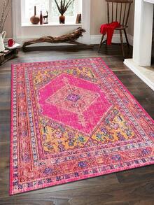 1pc Vintage Distressed Style Rug, Red Bohemian Moroccan Polyester Fiber Comfortable, Rectangular Easy Care Washable Area Carpet For Living Room, Hallway, Bedside, Home Decor
