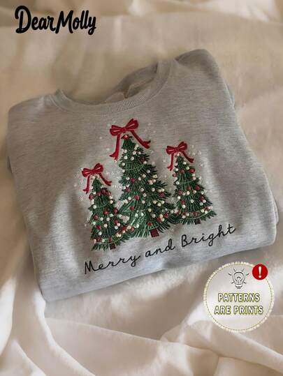 DEAR MOLLY Christmas Faux Embroidery Print Crew Neck Sweatshirt, Women's Drop Shoulder Sweatshirt, Merry Christmas & Happy New Year, Holiday Christmas Tree & Pine Tree Sweatshirt